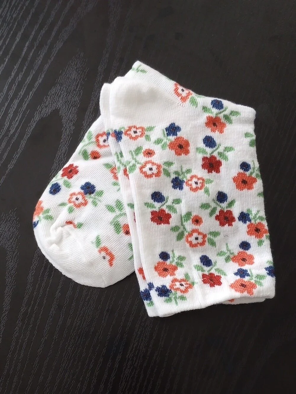 White Ditsy Floral Crew Socks with Coral, Navy & Green Floral Print